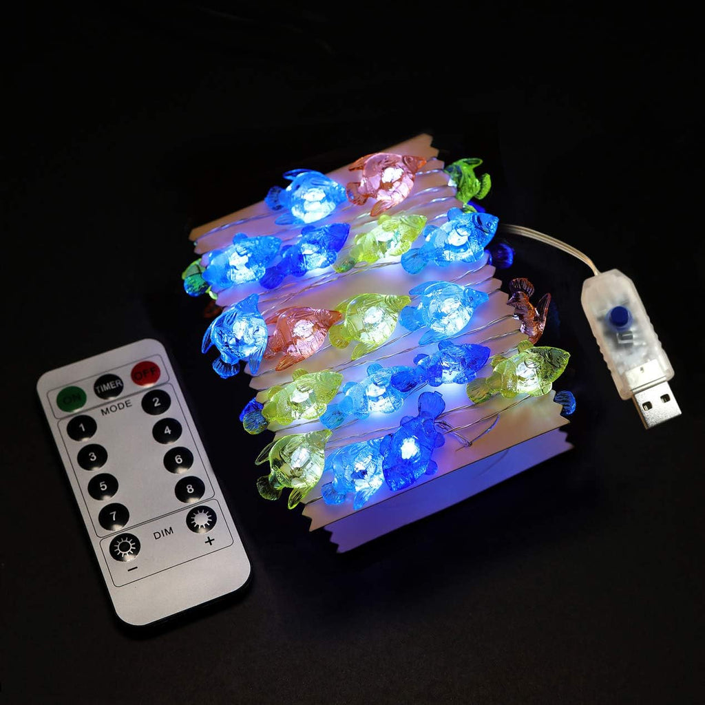 WSgift Tropical Fishes Decorative String Lights, 18.7 Ft 40 LED USB Plug-in Silver Copper Wire Beach Theme Fairy Lights for Indoor Outdoor Decoration Projects (Cool White, Remote Control with Timer)