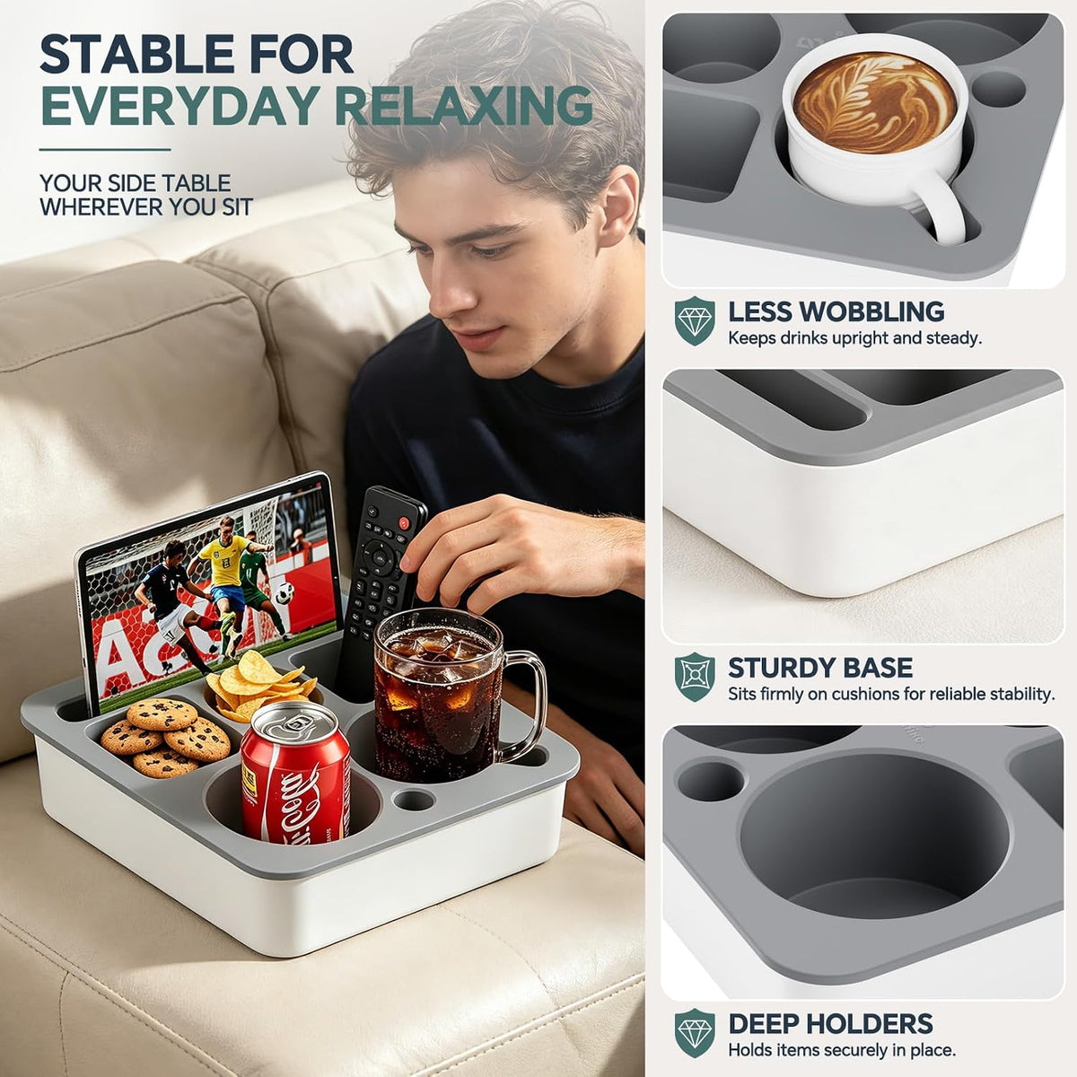 Couch Cup Holder, Anti-Spill Couch Caddy for Sofa and Bed, White-Gray