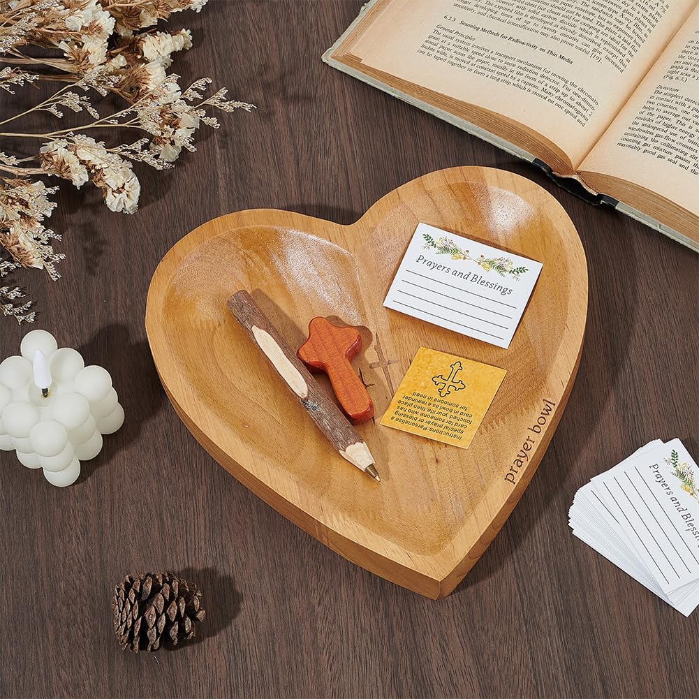 Handcrafted Wooden Heart Bowl, Prayer Decor Set with Cross, Cards and Pen | Decorative Wooden Prayer Bowl for Christian Home Decor, Mantel, Table Centerpiece, Perfect for Easter