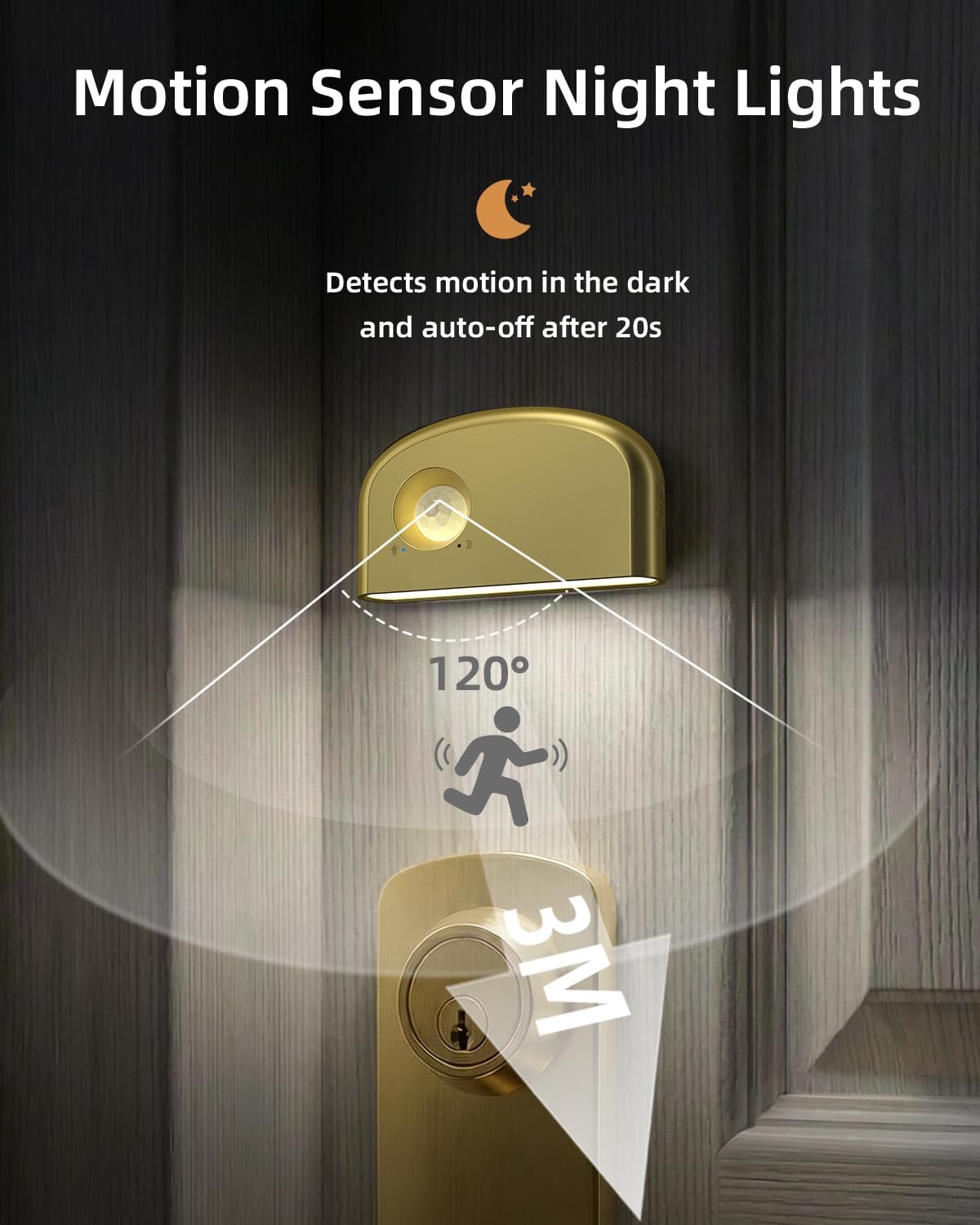 Keyhole Light,Battery Powered Motion Sensor Lights,2 Gold Door Lock Light Magnetic & Dimmable, 6 LED Bulbs PIR Wireless Motion Detector 6500K Soft White,Portable Nightlight for Hallway,Bathroom