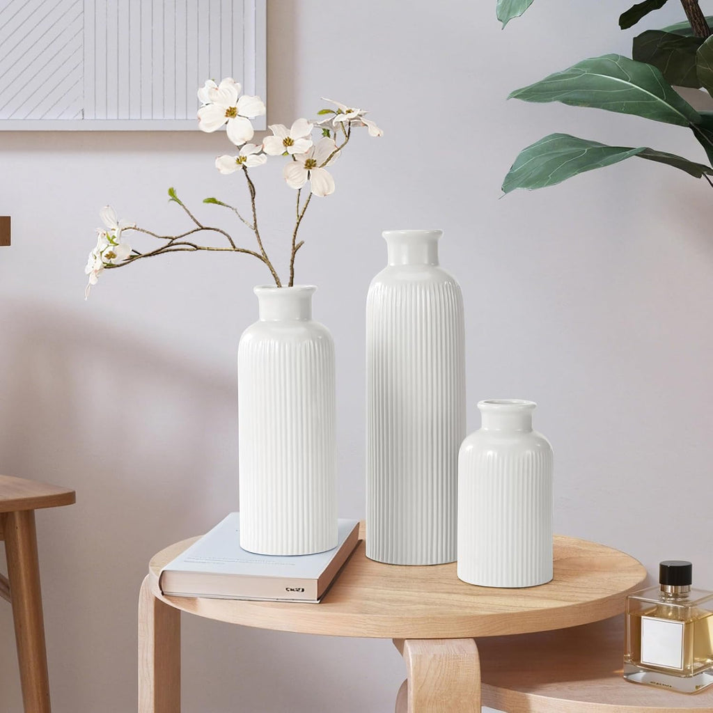 Small White Ceramic Vase Set of 3, Boho Modern White Flower Vase Room Decor, Farmhouse Decor, Vases for Your Kitchen, Bathroom, Bedroom, Living Room, Office&Shelf Centerpiece Table Decorations