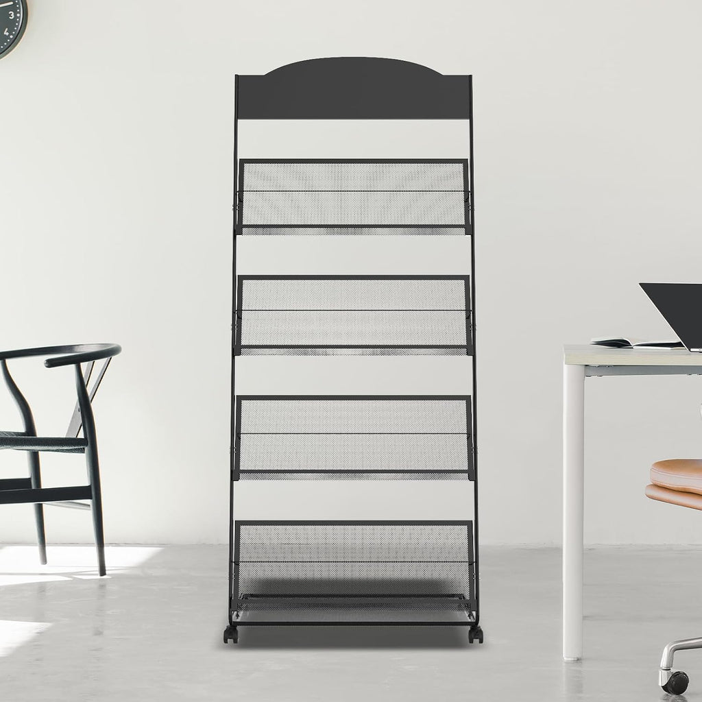 Floor-Standing Magazine Rack 4-Layer with Wheels, Semi-arched top Brochure Display Stand, High-hardness metal for Exhibitions, Office, and Any Organization Requiring Information Display (Arc-Black)