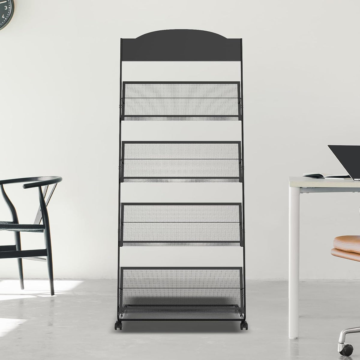 Floor-Standing Magazine Rack 4-Layer with Wheels, Semi-arched top Brochure Display Stand, High-hardness metal for Exhibitions, Office, and Any Organization Requiring Information Display (Arc-Black)