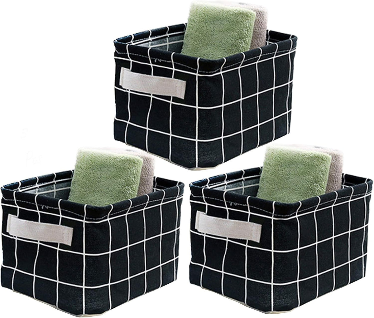 AARAINBOW 3 Packs Storage Basket Bins Canvas Mini Storage Cubes Storage Basket for Makeup, Toys Liners, Books Storage Baskets with Handles for Shelves & Desks(3 Black)