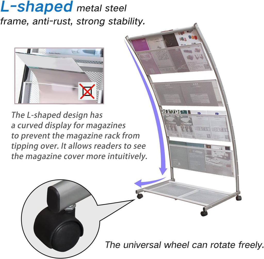 LIWSHWZ Magazine Rack Floor Standing,Brochure Display Stand, 4 Pockets Metal Literature Stand,Newspaper Rack with Wheels for Trade Show Exhibitions Office Retail Store