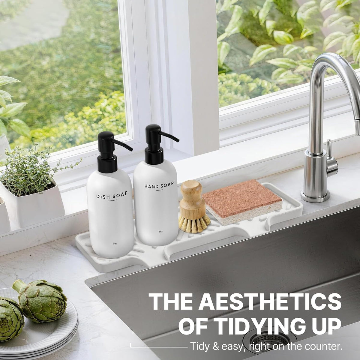 Kitchen Soap Dispenser Set with Self Draining Silicone Tray, Sponge, Brush