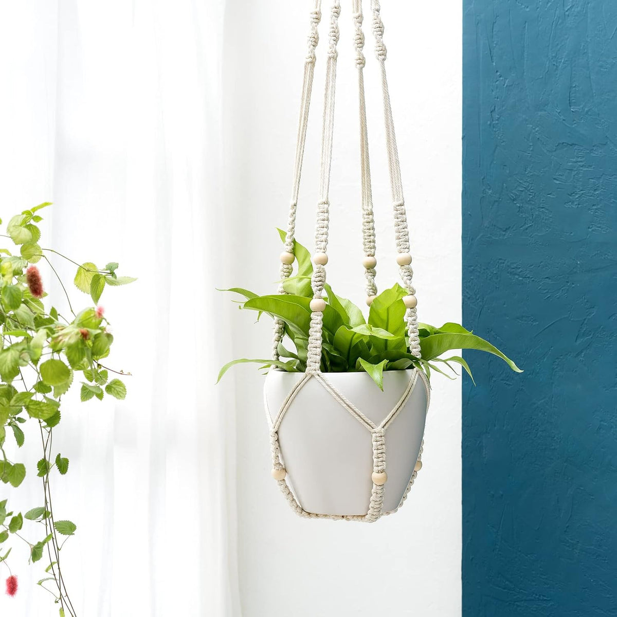 Mkono 43 Inch Macrame Plant Hanger Indoor Hanging Planter Holder Ivory 1Pc