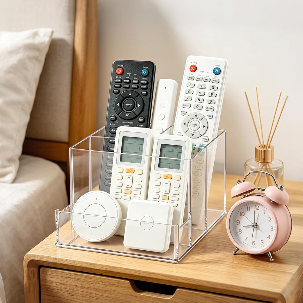 Vowcarol Clear Acrylic Remote Control Holder – 4 Compartment Desk Organizer, TV Remote Holder
