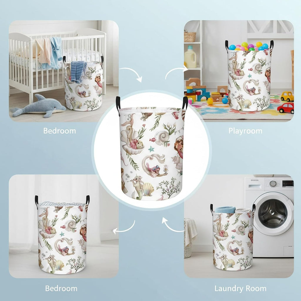 Baby Girls Laundry Basket Collapsible Kids Hamper Mermaid Nursery Room Bedroom Ocean Decor (Mermaid)