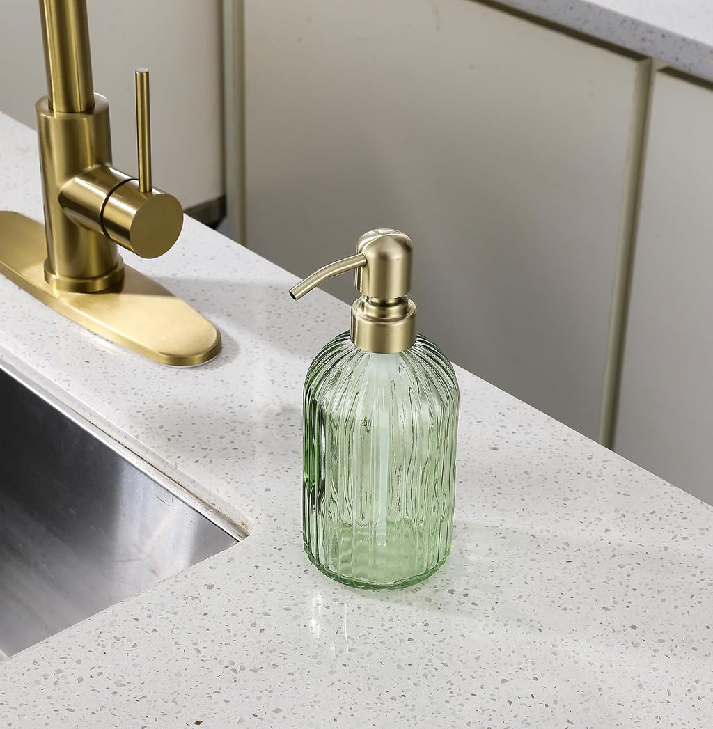 Avola Green Glass Soap Dispenser, Vertical Stripes Bathroom Hand Soap Dispensers with Brushed Gold Pump, 16 Oz Glass Kitchen Dish Soap Dispenser,Stainless Steel Liquid Green Soap Dispensers