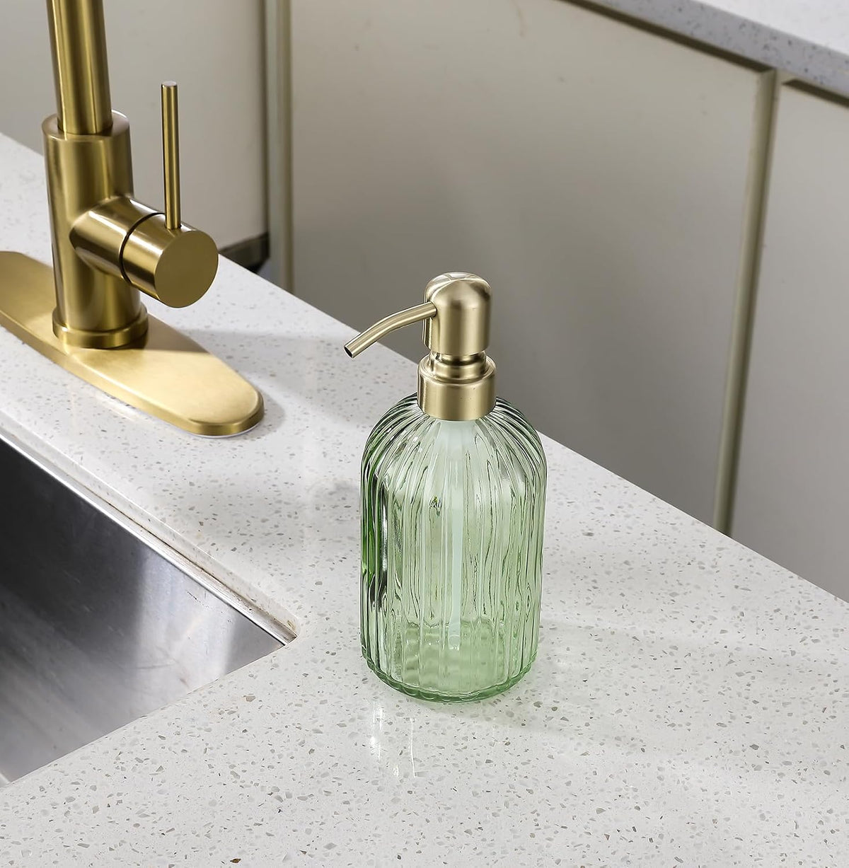 Avola Green Glass Soap Dispenser, Vertical Stripes Bathroom Hand Soap Dispensers with Brushed Gold Pump, 16 Oz Glass Kitchen Dish Soap Dispenser,Stainless Steel Liquid Green Soap Dispensers