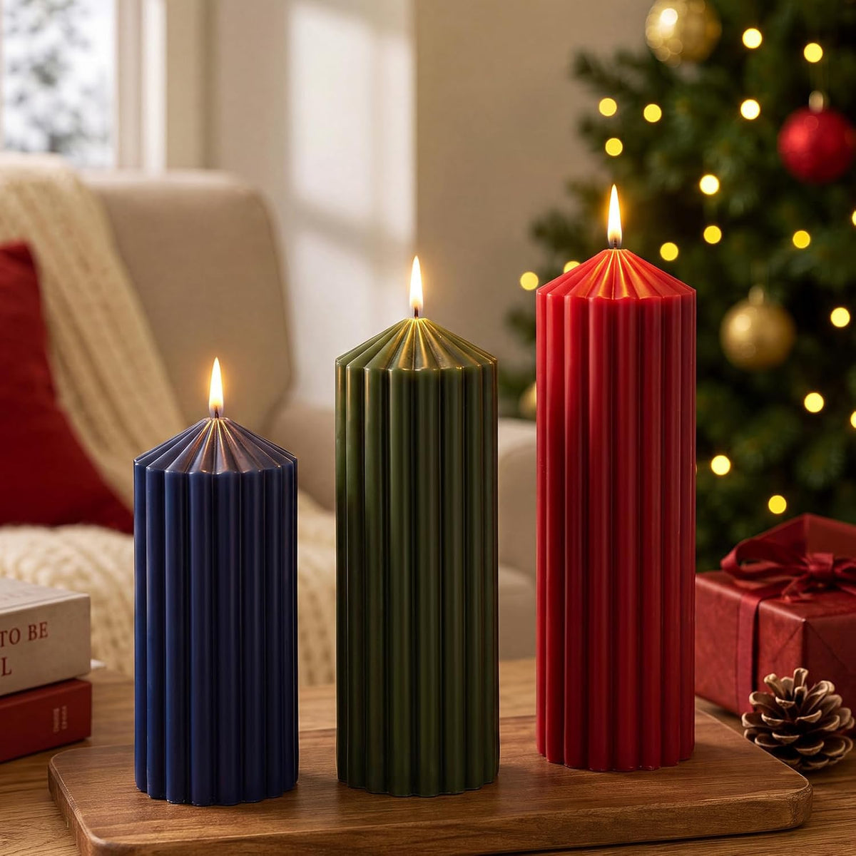 Mtlee 3 Pack Christmas Ribbed Pillar Candles Soy Wax Ribbed Candle