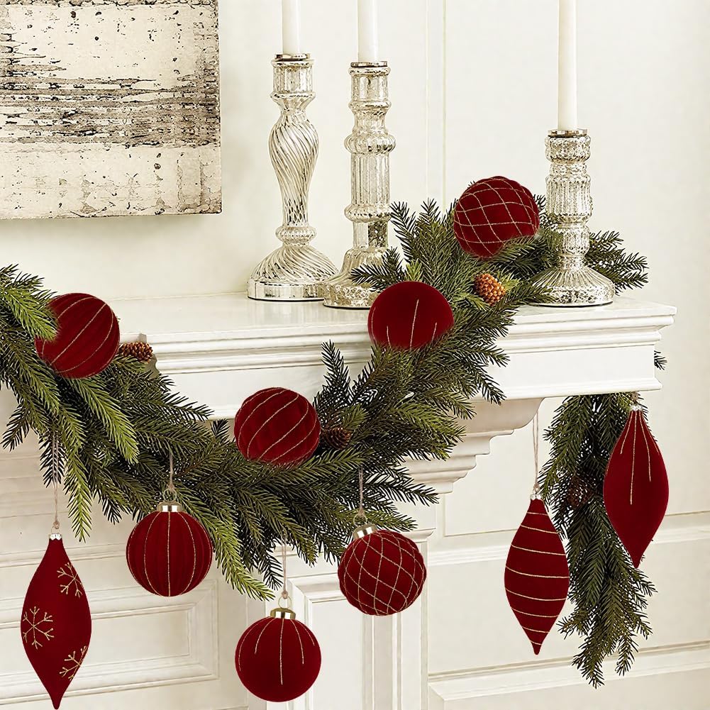 12PCS Velvet Christmas Ornaments Balls 3.15/6.6 Inch Flocked Ornament Sets Glitter Balls for Xmas Hanging Ornaments Decoration Wedding Party Holiday Decor - Classic Red