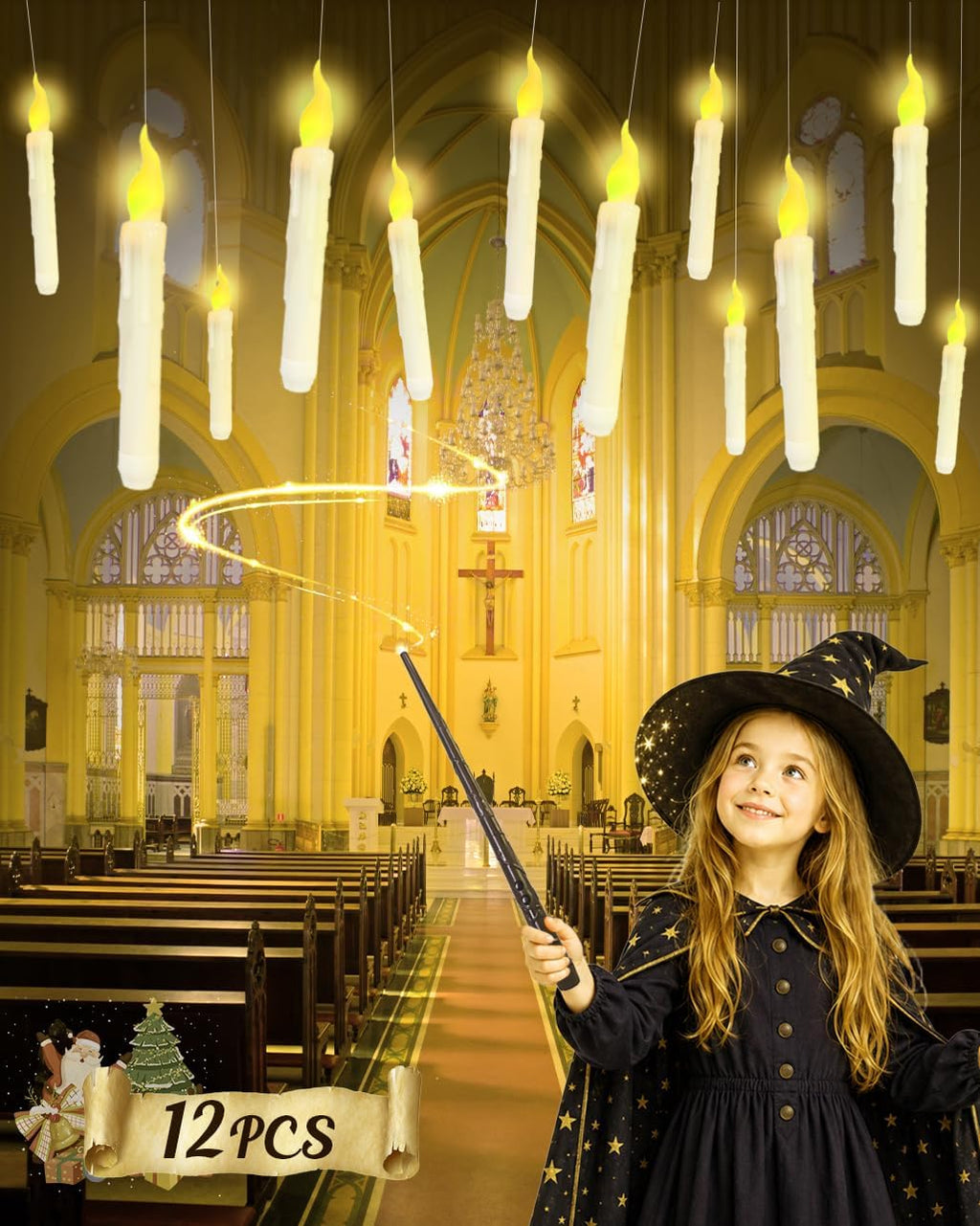 Flameless Floating Candles with Wand，12 Pcs Magic LED Hanging Taper Candles，Flickering Battery Operated Taper Candle with Wand Remote for Halloween Decorations