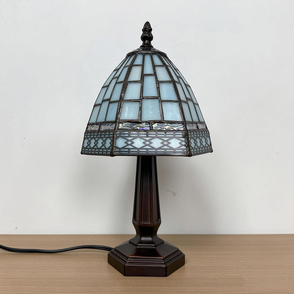 Small Tiffany Style Table Lamp,3 Color Temperature Grid Blue Stained Glass Table Lamps,Bedside Nightstand Night Light for Bedroom,Living Room, Dining Room W/LED Bulb,6X6X13Inch