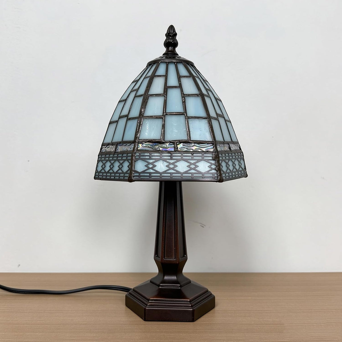 Small Tiffany Style Table Lamp,3 Color Temperature Grid Blue Stained Glass Table Lamps,Bedside Nightstand Night Light for Bedroom,Living Room, Dining Room W/LED Bulb,6X6X13Inch