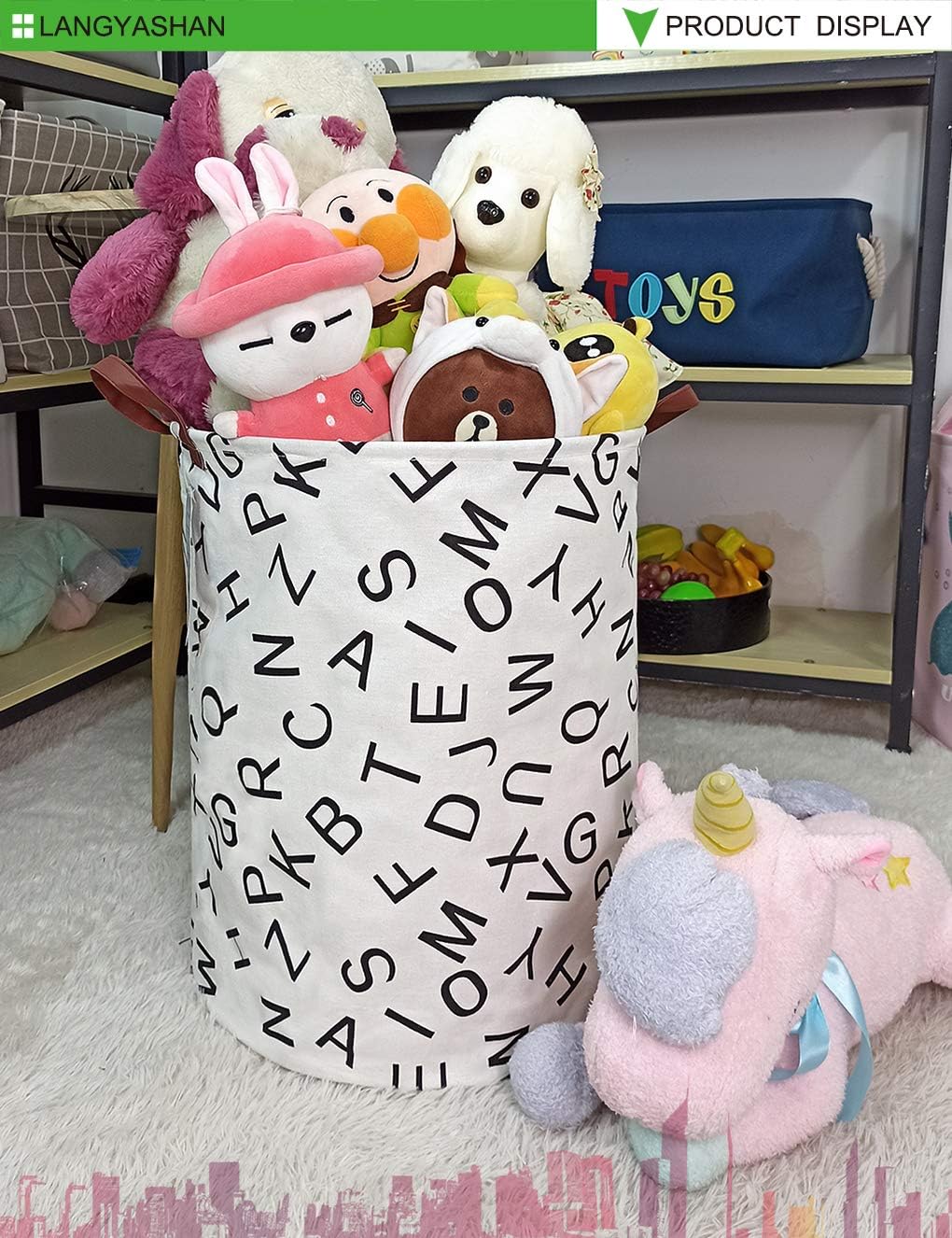 Round Laundry Basket Collapsible Storage Hamper Organizer Alphabet