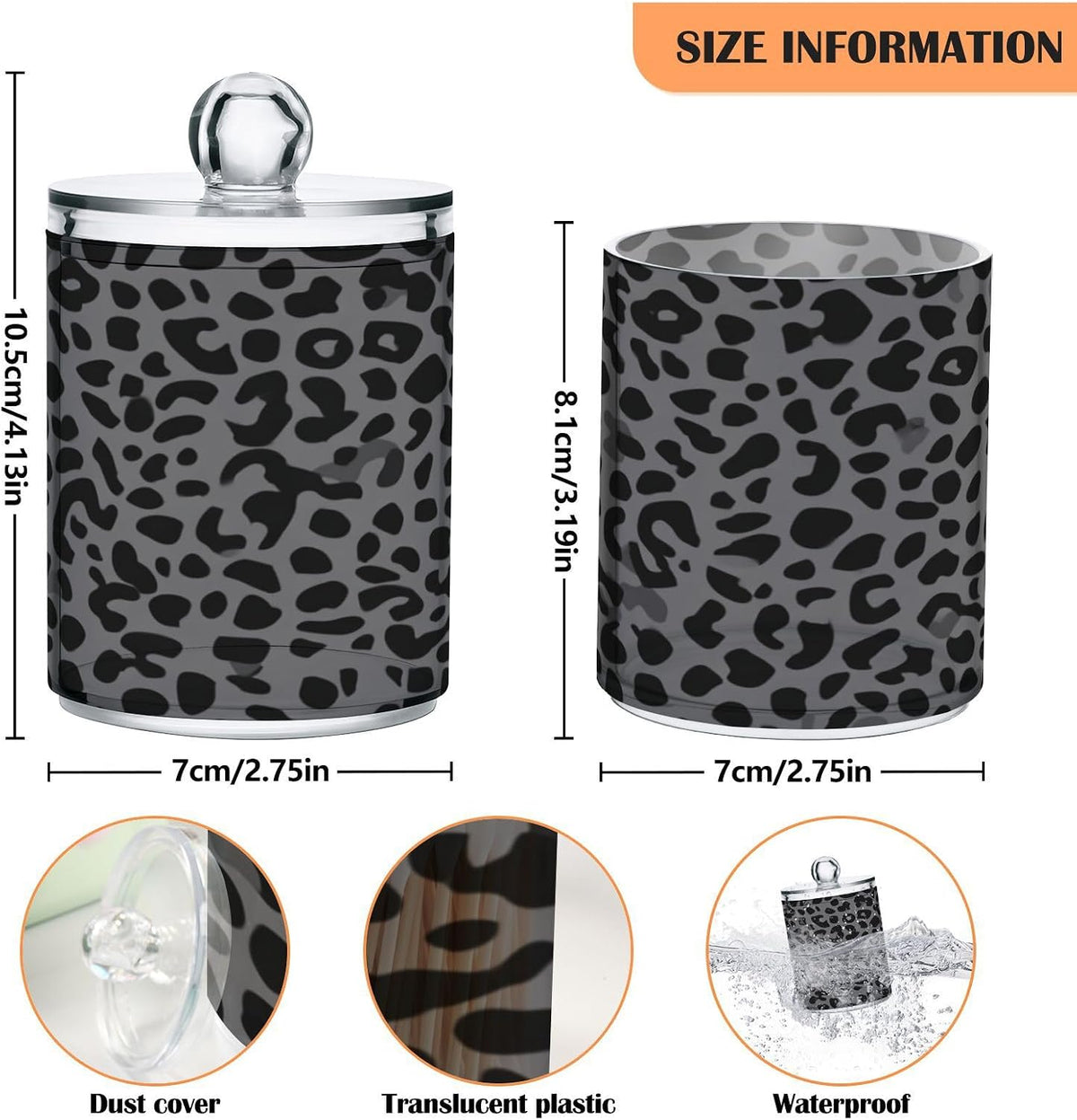 Black Leopard Print Qtip Holder Apothecary Jars Bathroom Storage Floss Makeup Organizer for Cotton Ball Swab Acrylic 2 Packs