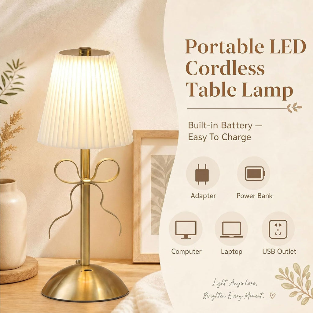 Liliful 2 Pcs Cordless Table Lamp LED Touch, Gold, Beige Cloth Style Bow