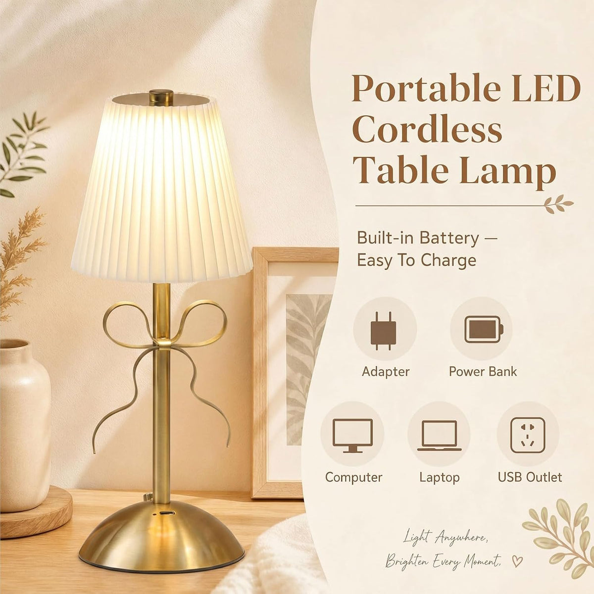 Liliful 2 Pcs Cordless Table Lamp LED Touch, Gold, Beige Cloth Style Bow