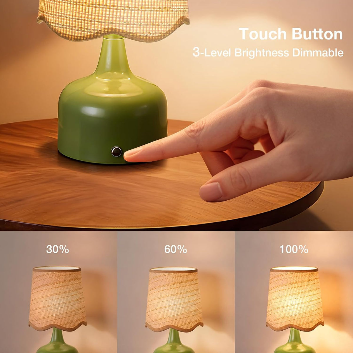 Cordless Boho Table Lamp Green, Scalloped Wicker Shade, 5200-mAh Rechargeable Battery, 3-Way Dimmable, Build-in Integrated LED 320 Lumen Max, for Bedside Living Room