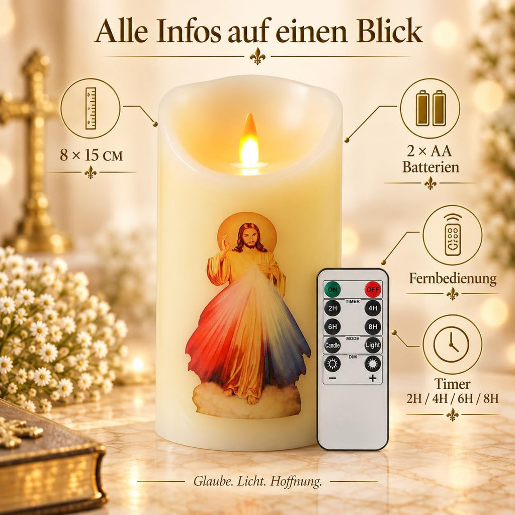 QQFCTOO LED Prayer Flameless Candle with Remote Timer, Battery Powered Candle, Religious Candle, Real Wax, for Home Altar, Church, Devotional,6" x 3.2"（Jesus
