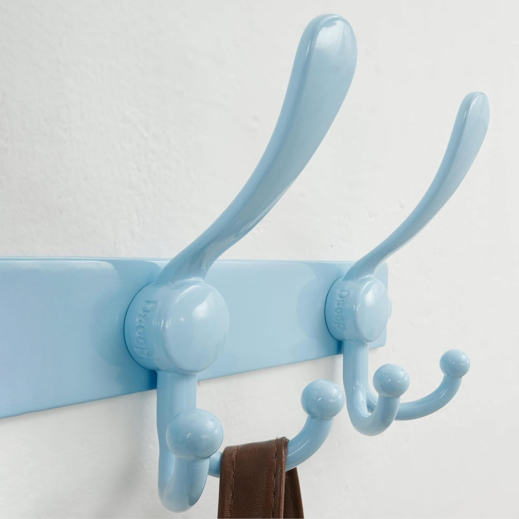 Dseap Coat Rack Wall Mount, Heavy Duty 12-Gauge Base vs Flimsy 1mm, Double-Thick Solid Anti-Snap Hooks, 16” Stud-Mount, Stainless Steel Hanger for Clothes Hat Entryway Closet Mudroom, Blue