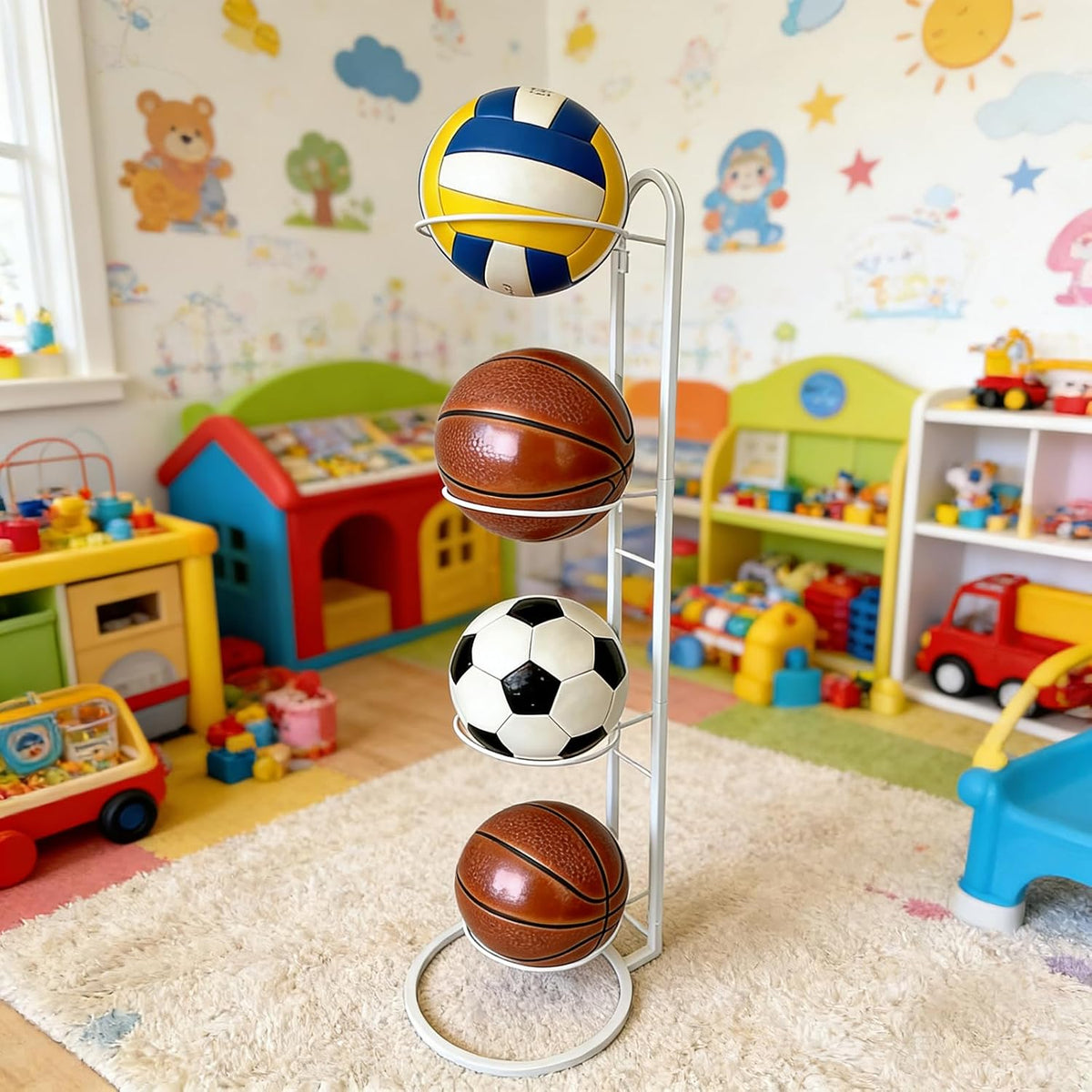 Ball Storage Rack, White Metal, 4-Tier Vertical Organizer for Basketball, Soccer, Volleyball, Sports Equipment Holder (4-Tier)