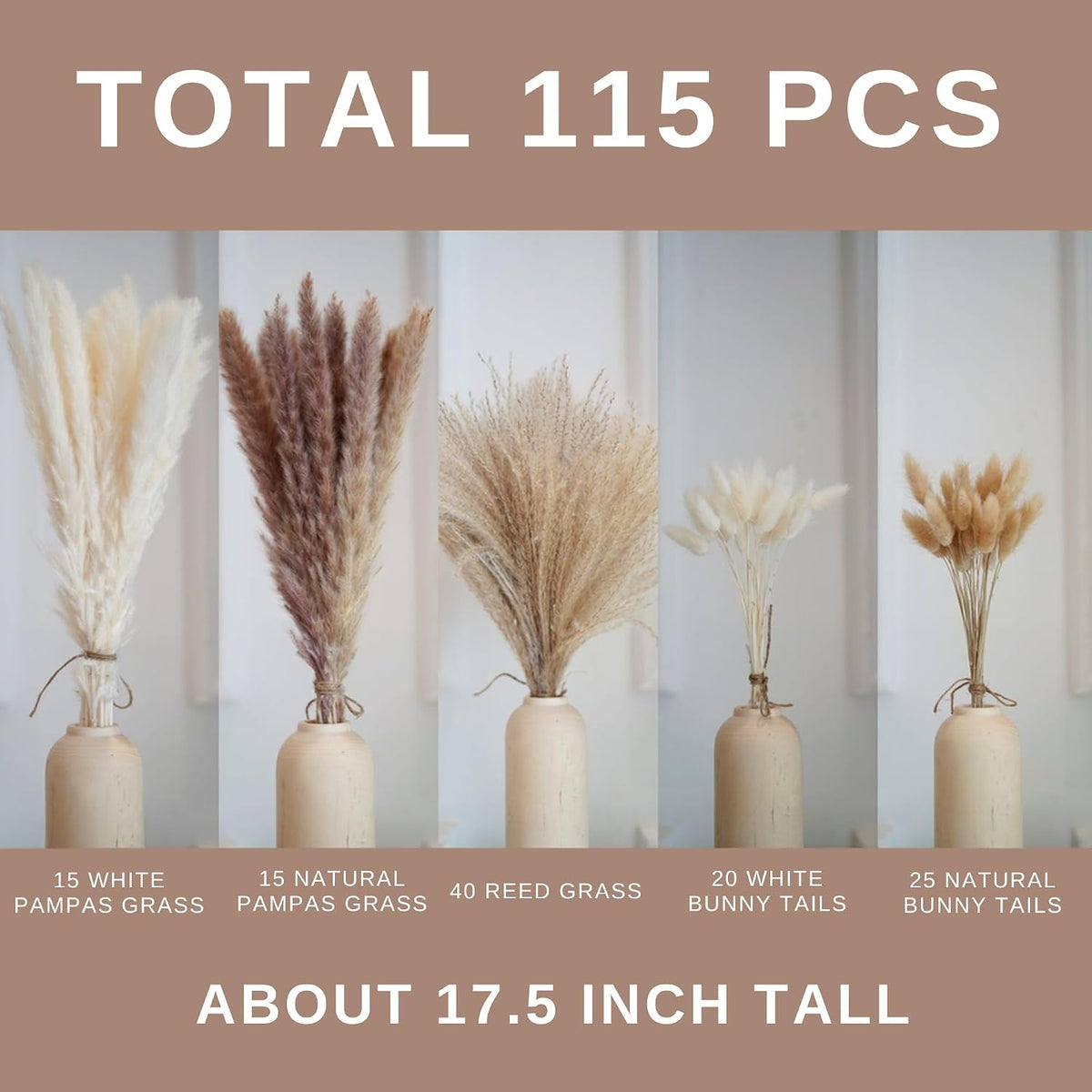 Dried Pampas Grass Decor, 115 PCS Dried Flowers Arrangements Contains Bunny Tails, Reed Grass Bouquet for Wedding. Boho Flower Home Table Decor, Rustic Farmhouse Party