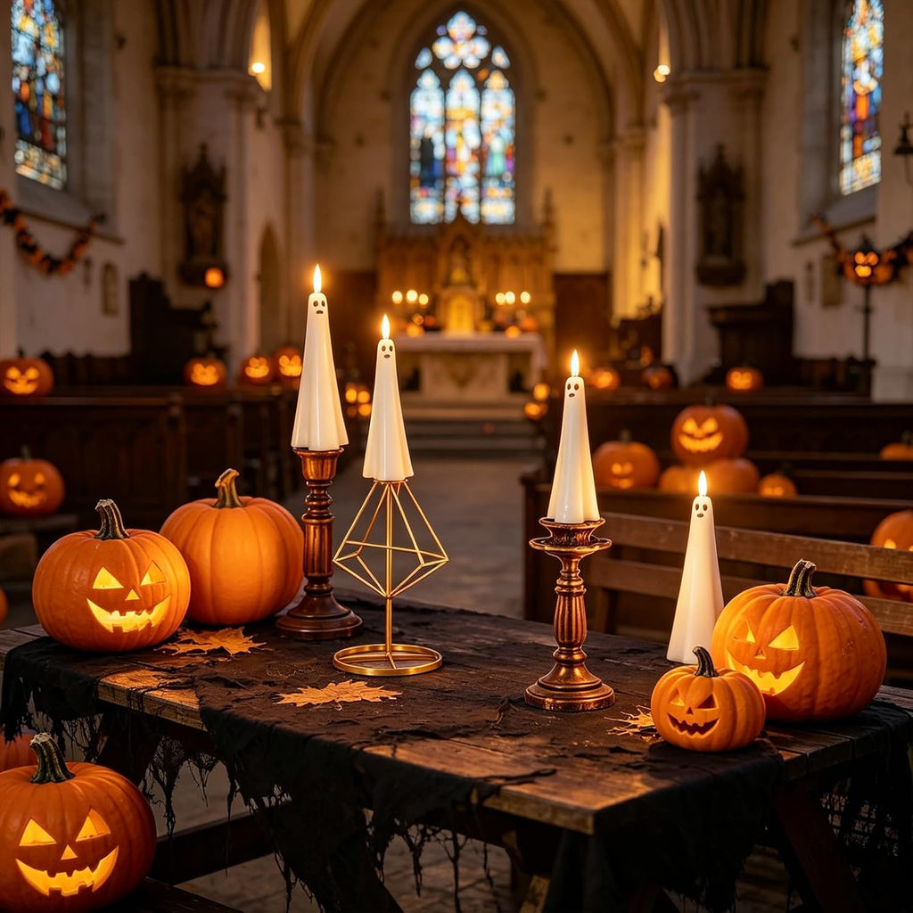 12 Pcs Halloween Ghost Flameless Floating Candles with Wand Remote Timer, Battery Operated LED Taper Candles for Hanging or Candelabra, Halloween Home Decor(White)