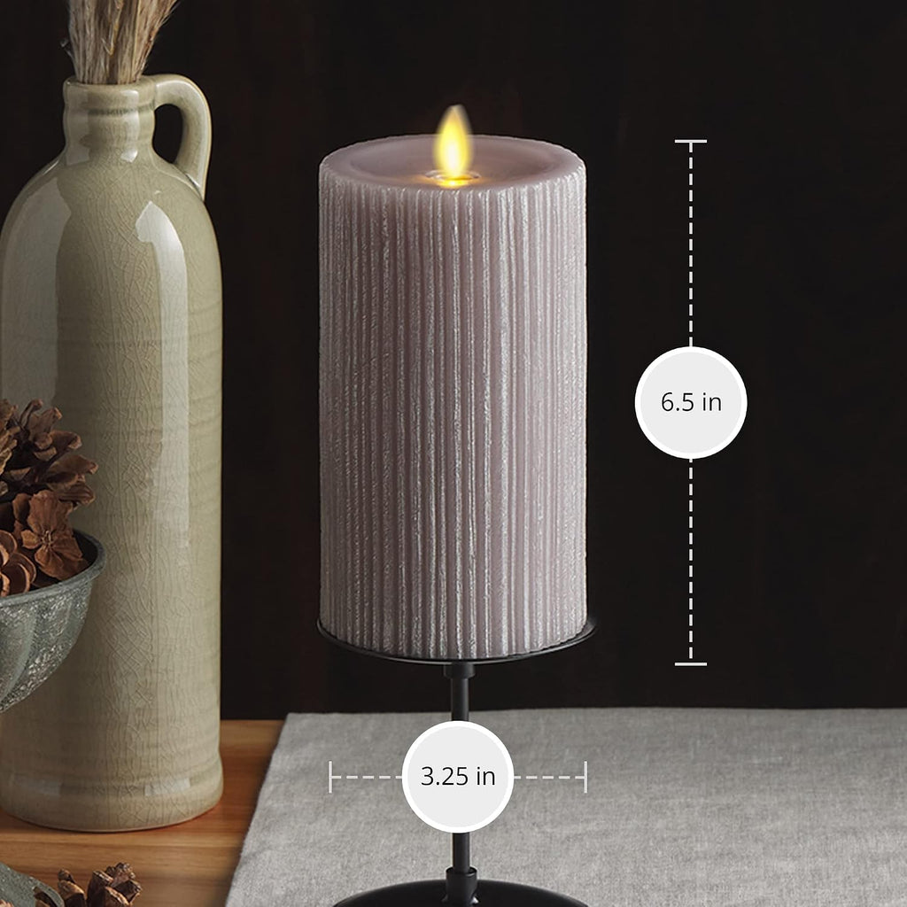 Luminara - Flameless Flickering Real Wax Moving Flame Battery Operated Unscented Candle LED Décor & Gift- Embossed Pillar Collection - Everyday Metallic Furrow, Grey (3.25" x 6.5")