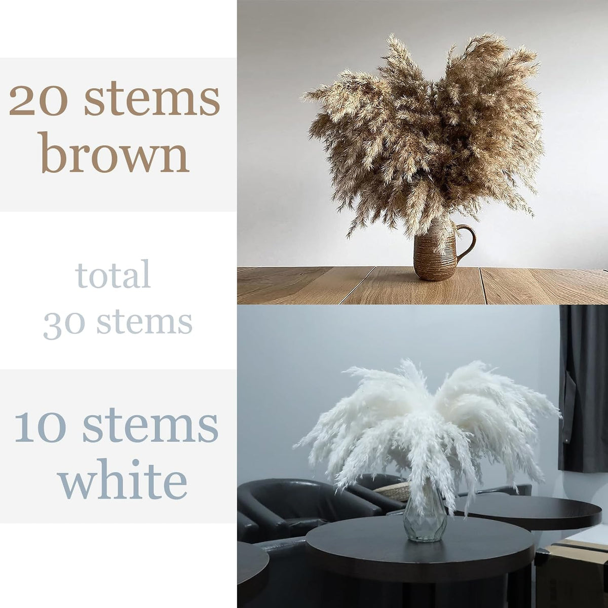 ROOLLYA 17 inch 20 Stems Pampas Grass Decor Tall -Natural Fluffy Pampas Grass Tall Pompas Grass for Floor Vase - Boho Decor Home Decor Wedding Decor Event Decor, 2404-c15-20brown & 10white-45cm