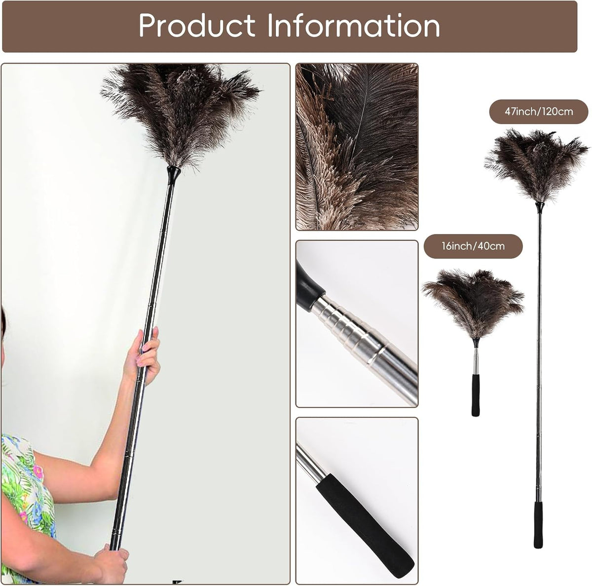 THARAHT Extendable Ostrich Feather Duster up to 16-47 inches Fluffy Feathers Long Handle Reusable for Cleaning Ceiling Fan Pendant lamp High Ceiling Blinds Furniture Feather Duster