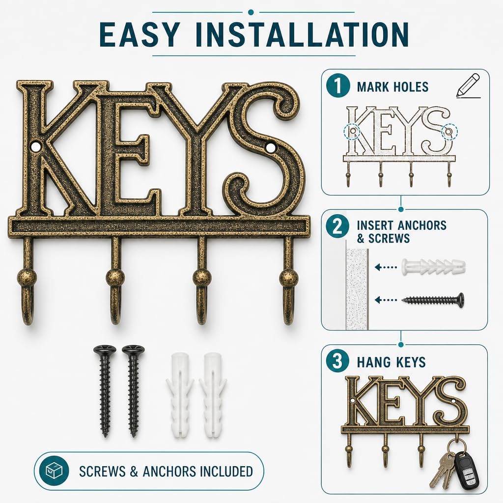 Comfify Gold-Black Cast Iron Key Holder for Wall – Keys Sign with 4 Hooks