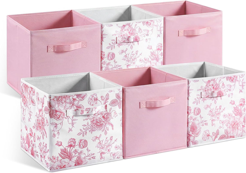 Geelin 6 Pcs Pink and Pink Floral Cube Storage Bins 11 Inch Storage Basket