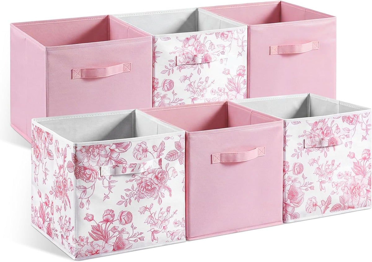 Geelin 6 Pcs Pink and Pink Floral Cube Storage Bins 11 Inch Storage Basket