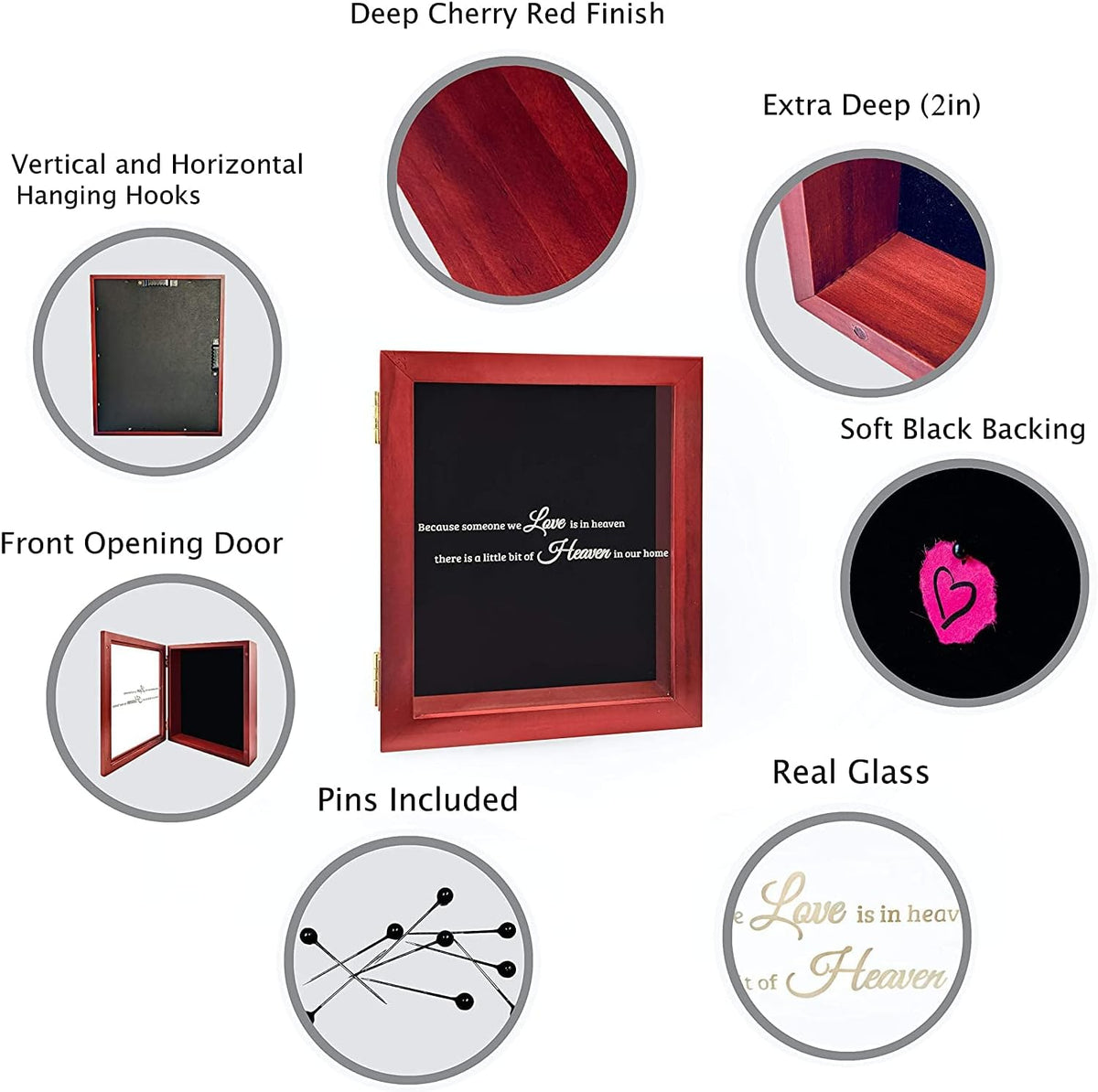 Memorial Shadow Box Display Case, Dark Cherry Wood Frame, 11" x 9" x 2"