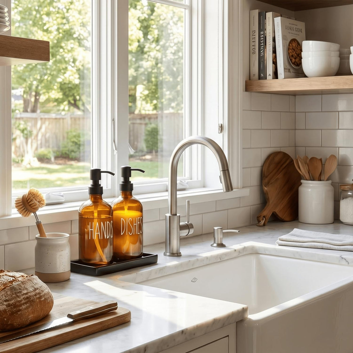 MOMEEMO Soap Dispenser Set with Ceramic Tray, Amber & Black