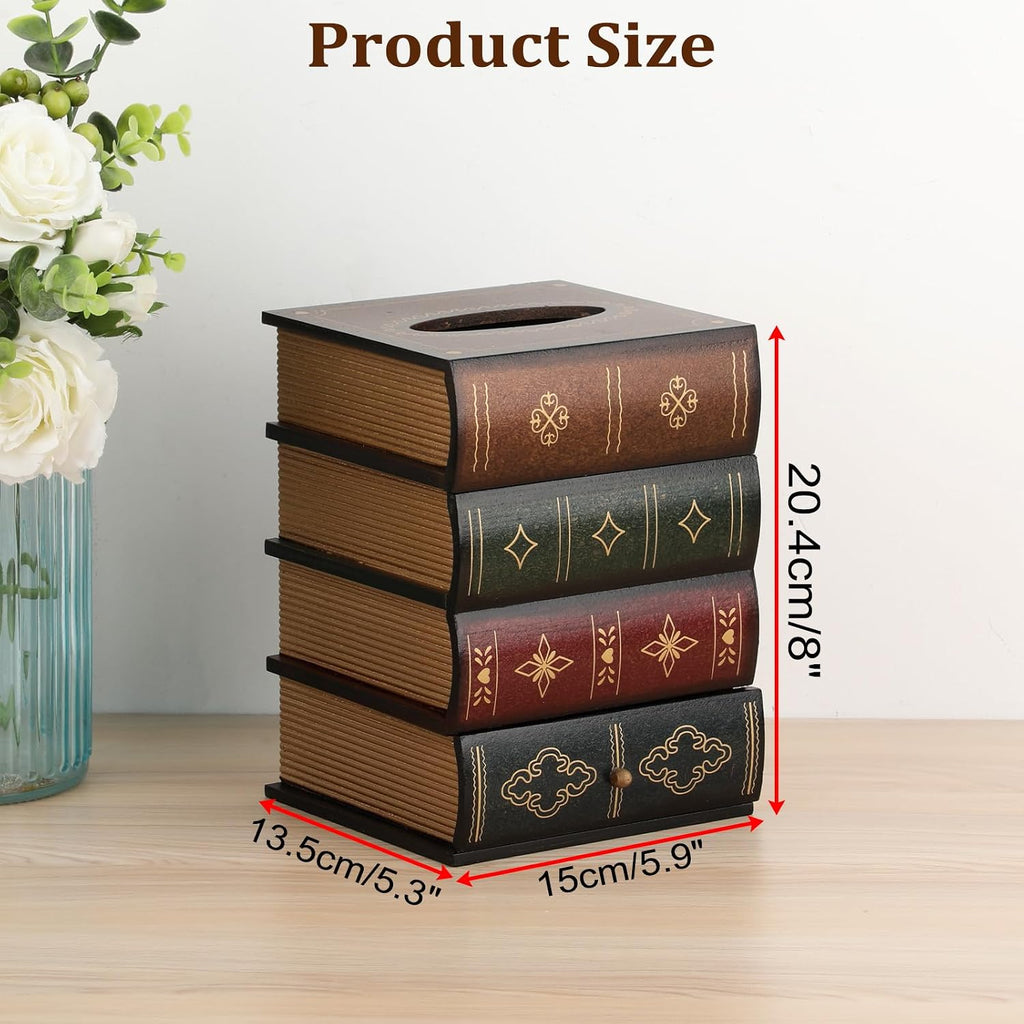 Antique Wooden Book Tissue Box Cover with Storage Drawer, Brown Top
