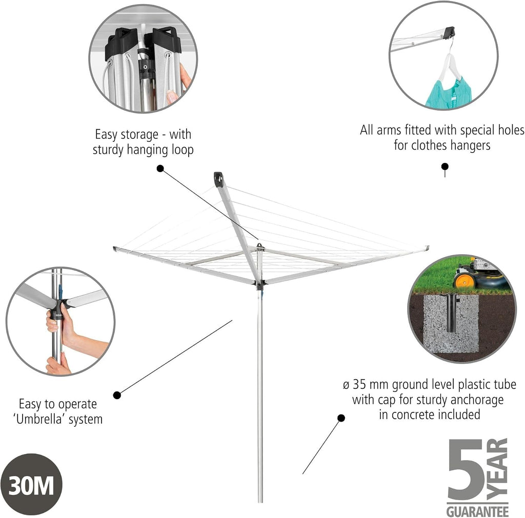 Brabantia Essential Outdoor 3 Arm Clothesline (98 ft/Ø 1.4") Dry Clothes Outside, Spacious Washing Line & Hanger Hooks, Folding Garden Umbrella Clothes Drying Rack + Concrete Ground Tube (Gray)