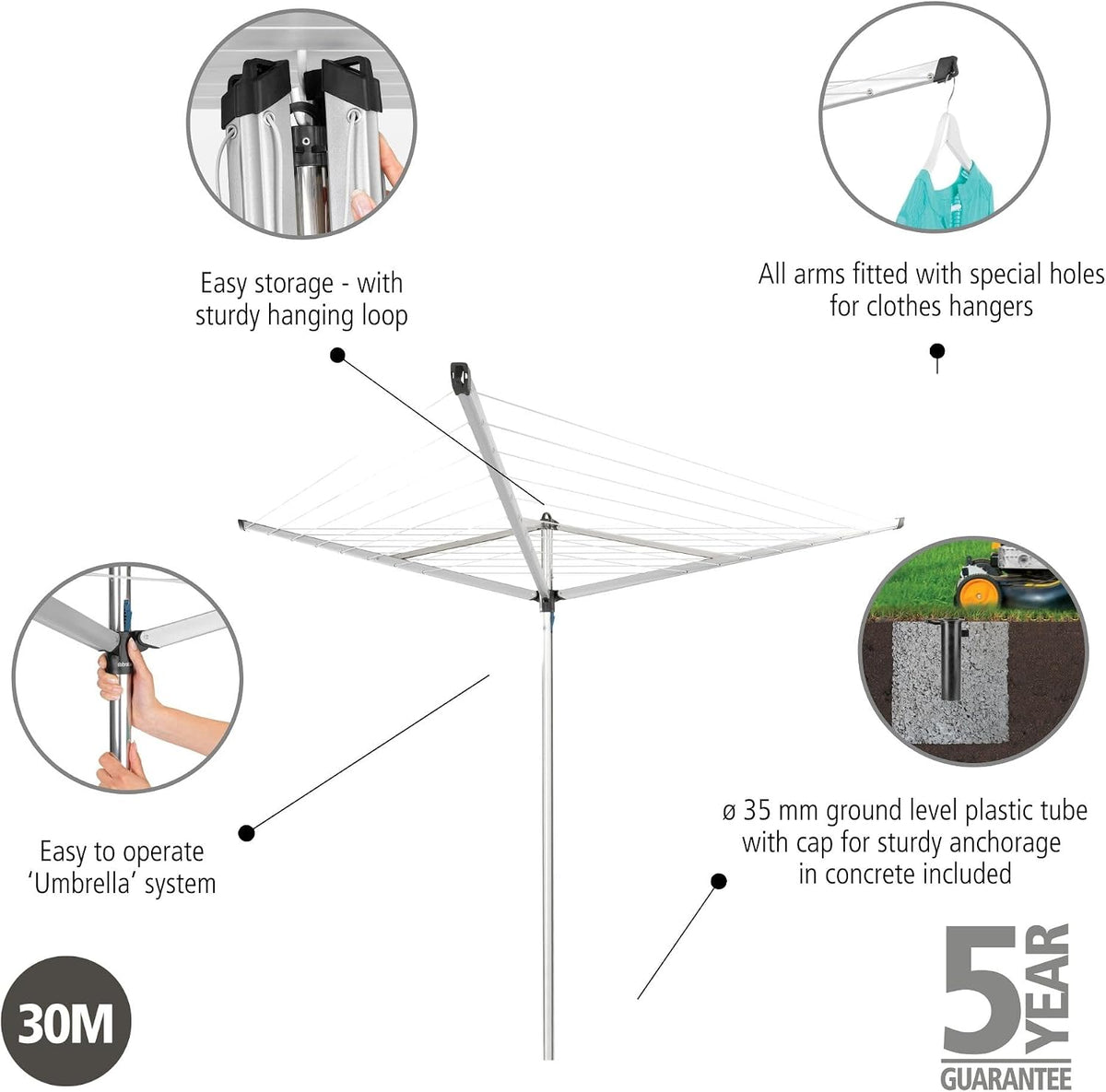 Brabantia Essential Outdoor 3 Arm Clothesline (98 ft/Ø 1.4") Dry Clothes Outside, Spacious Washing Line & Hanger Hooks, Folding Garden Umbrella Clothes Drying Rack + Concrete Ground Tube (Gray)