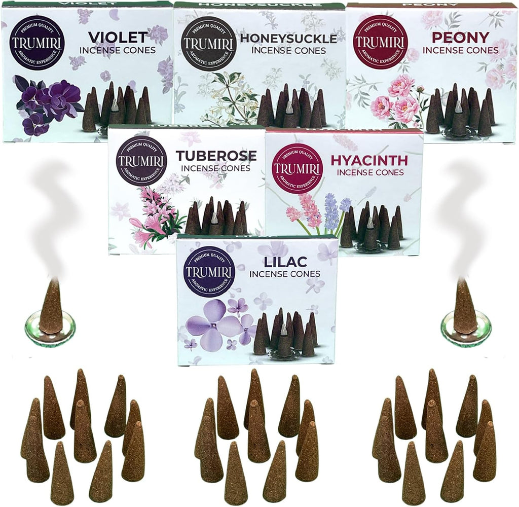 TRUMIRI Blossom Incense Cones - Variety Pack - Total 60 Cone Incense (6 Scents x 10 Conos) - Peony, Lilac, Violet, Honeysuckle, Hyacinth, Tuberose - Cone Incense Scents - Insense Cones - Incent Cone