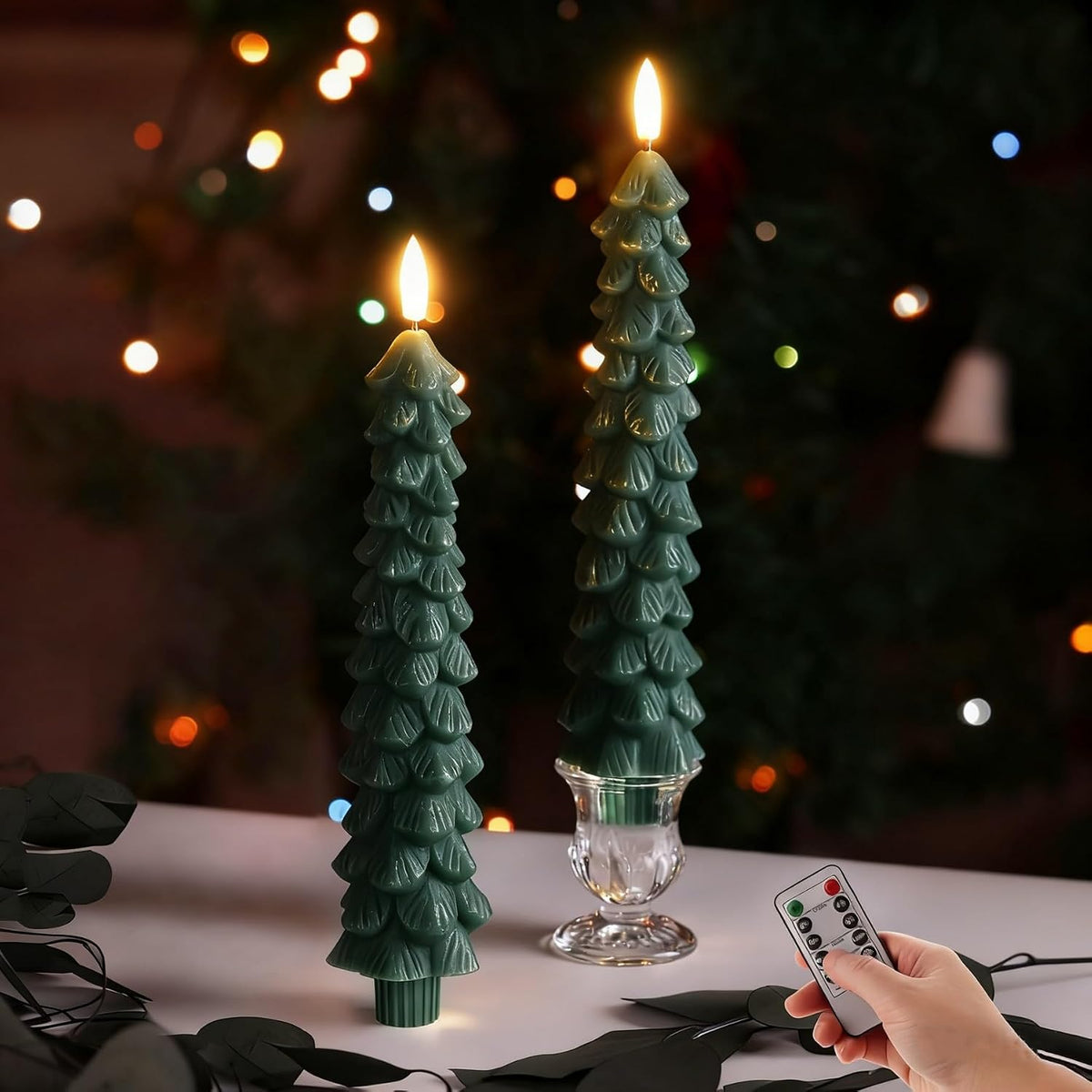 Eywamage Green Christmas Tree Flameless Taper Candles with Remote Set of 2