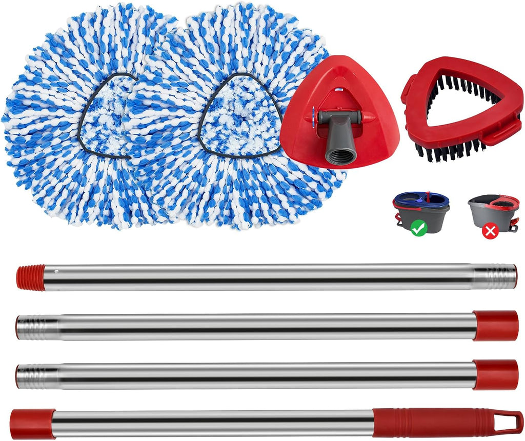 Spin Mop Handle Mop Heads and Base Replacement Sets Compatible with O Cedar EasyWring Rinseclean 2 Tank System, Flexible & Reusable(1 Sets Stainless Steel Handle & 2 Refills & 1 Base & 1 Scrub Brush)
