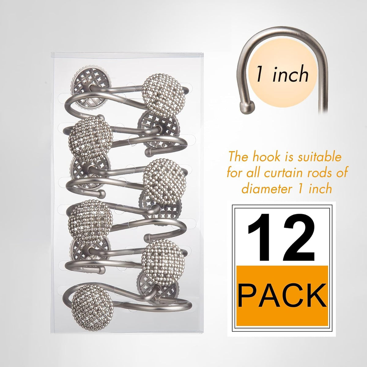 Pearlbee Nickel Shower Curtain Hooks,12pcs, Heavy Duty Rings for Shower Rod