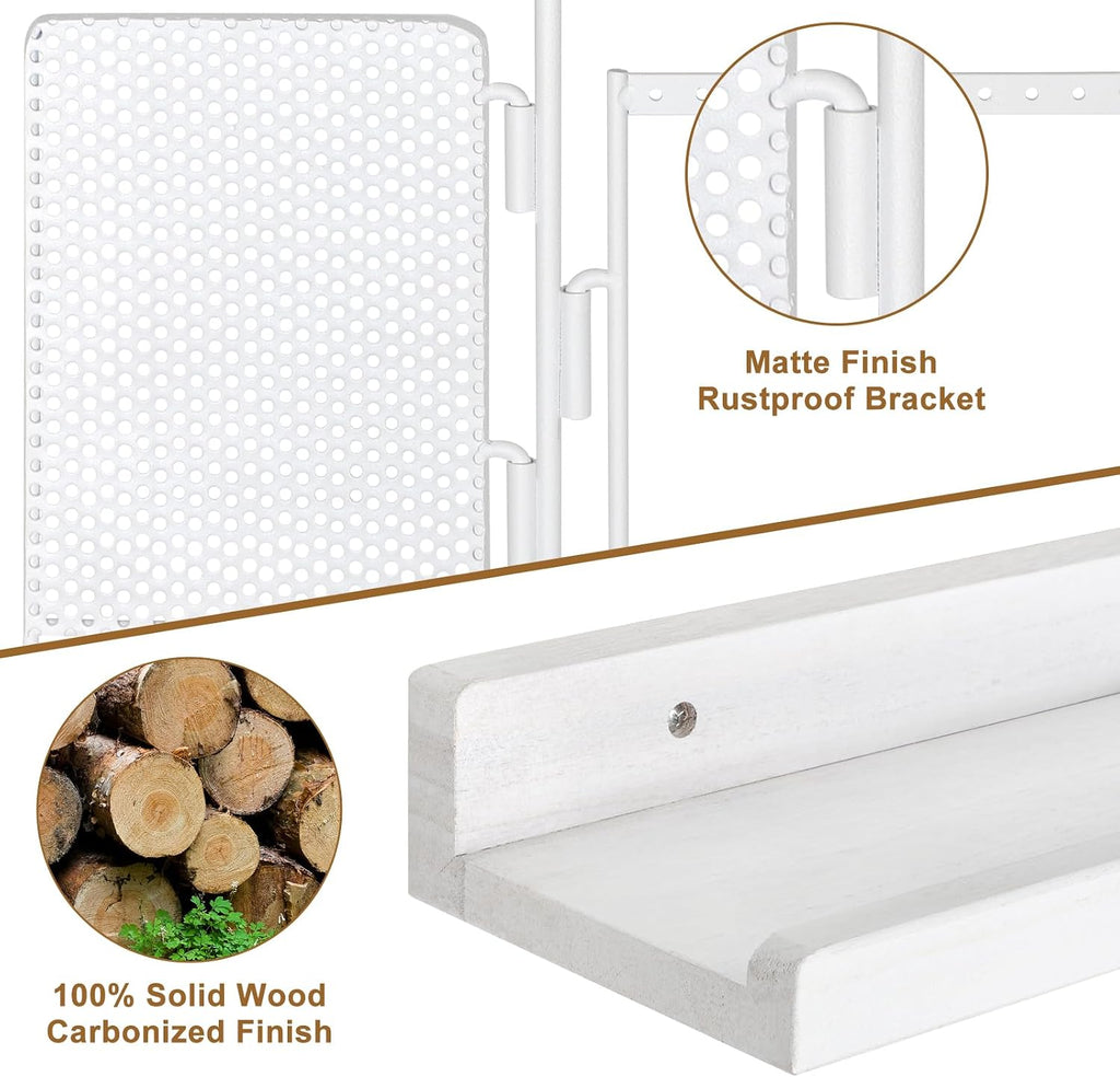 SOLIMINTR Hanging Jewelry Organizer Wall Mount with Rustic Wood Shelf, Ring Display Box, Ear Studs Earring Holder, Rotating Necklace Holder Organizer White