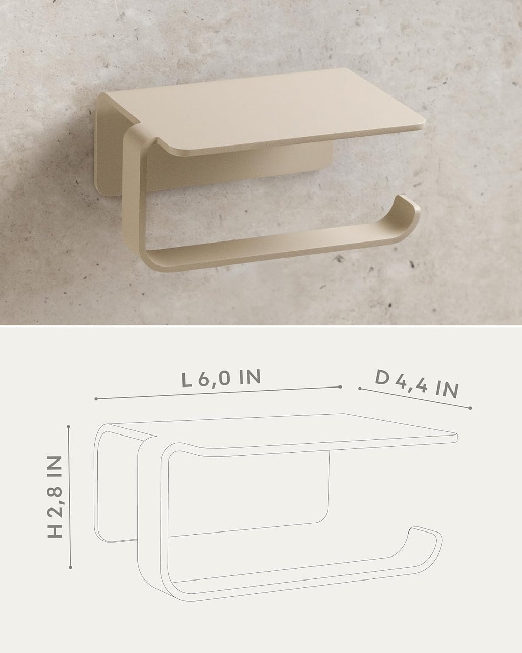 KAZAI. Toilet Paper Holder Wall Mount No Drill | Adhesive Toilet Paper Holder with Shelf | Bathroom Tissue Holder | Metal Toilet Paper Roll Dispenser | Sand Taupe