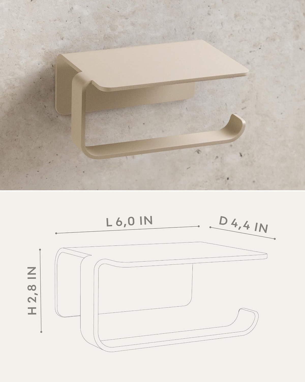 KAZAI. Toilet Paper Holder Wall Mount No Drill | Adhesive Toilet Paper Holder with Shelf | Bathroom Tissue Holder | Metal Toilet Paper Roll Dispenser | Sand Taupe