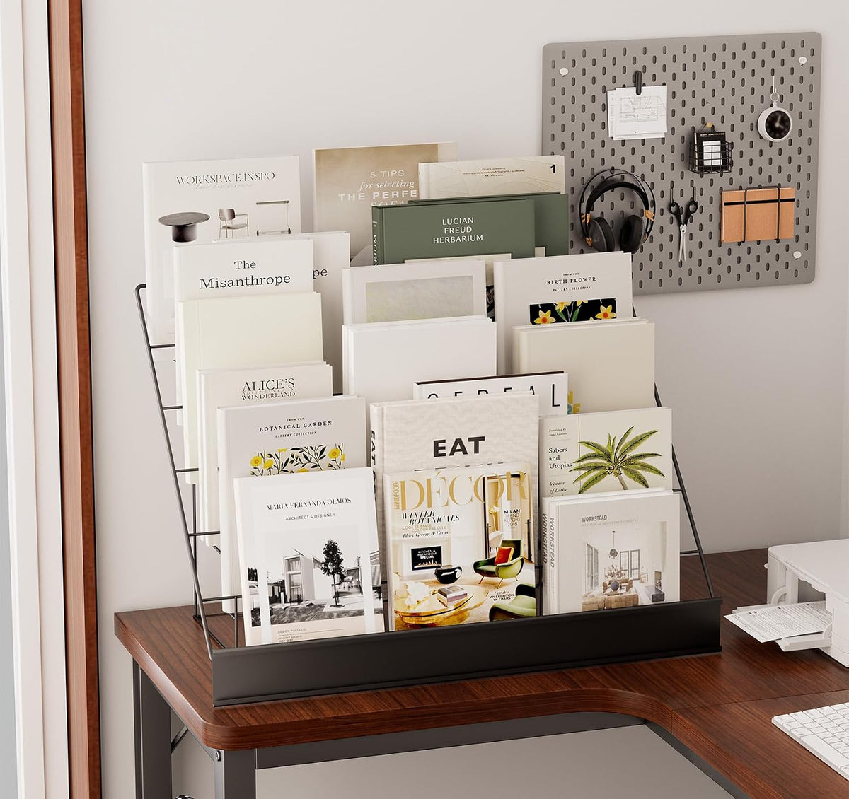 6-Tier 30" Wide Metal Magazine Holders with Sign Channel, Black