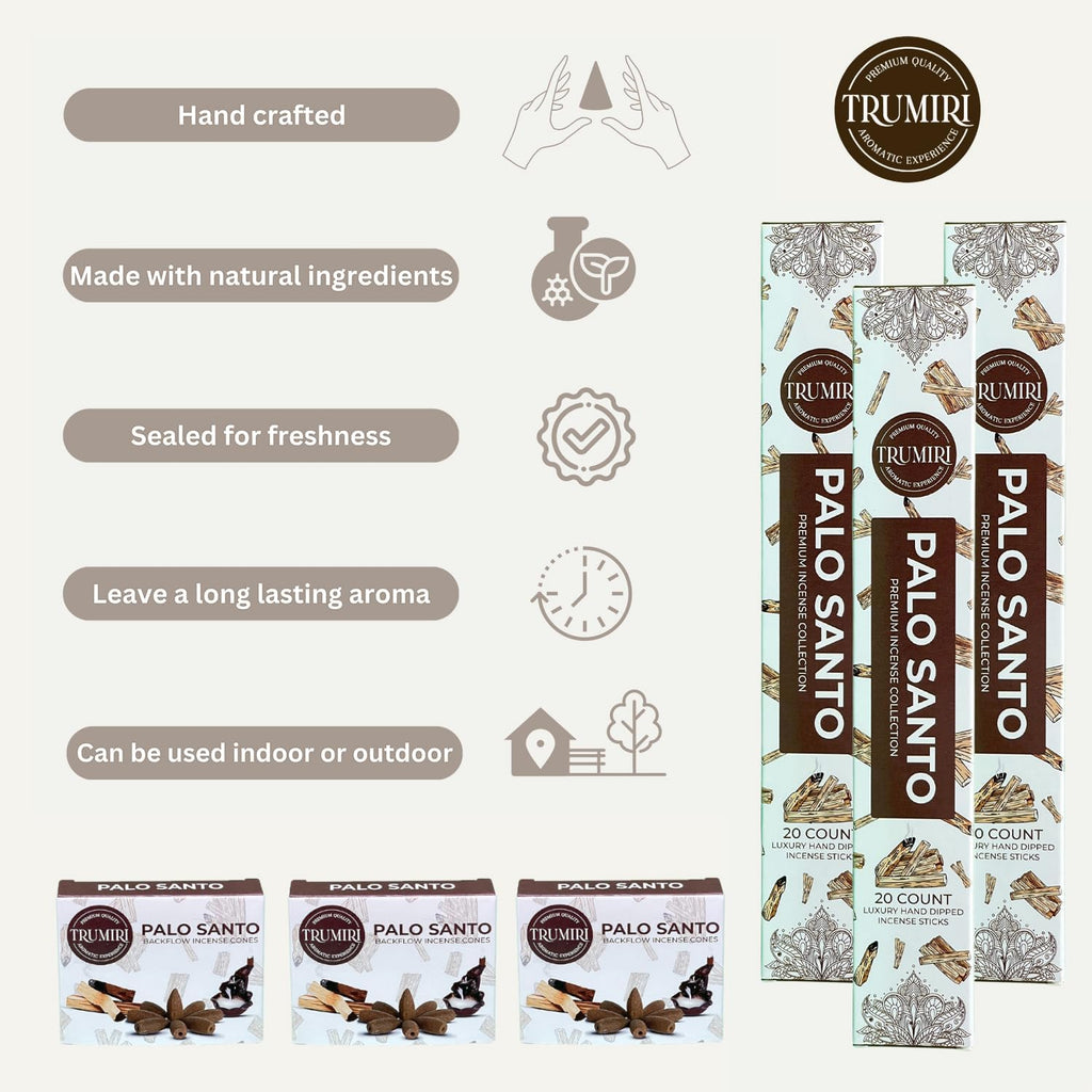 Palo Santo Incense Sticks & Backflow Incense Cones for Waterfall Combo Pack - 60 Insence-Sticks + 30 Backflow Cones - Insents - Incense Waterfall Cones - Inscense